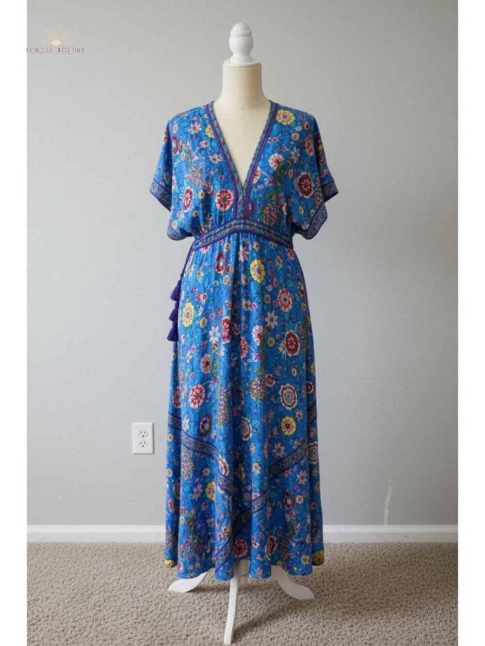 R.Vivimos Floral Midi Dress Deep V-Neck Short Sleeve Summer Beach